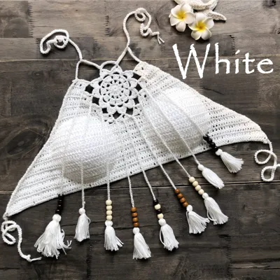 Women Solid Knit Hollow Halter Fringe Shell Swimsuit Top