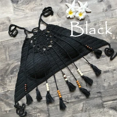 Women Solid Knit Hollow Halter Fringe Shell Swimsuit Top