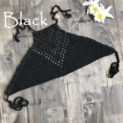 Women Solid Open Knit Halter Strap Tie Top Swimsuit