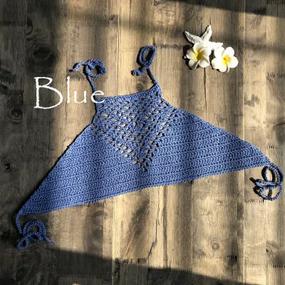 Women Solid Open Knit Halter Strap Tie Top Swimsuit