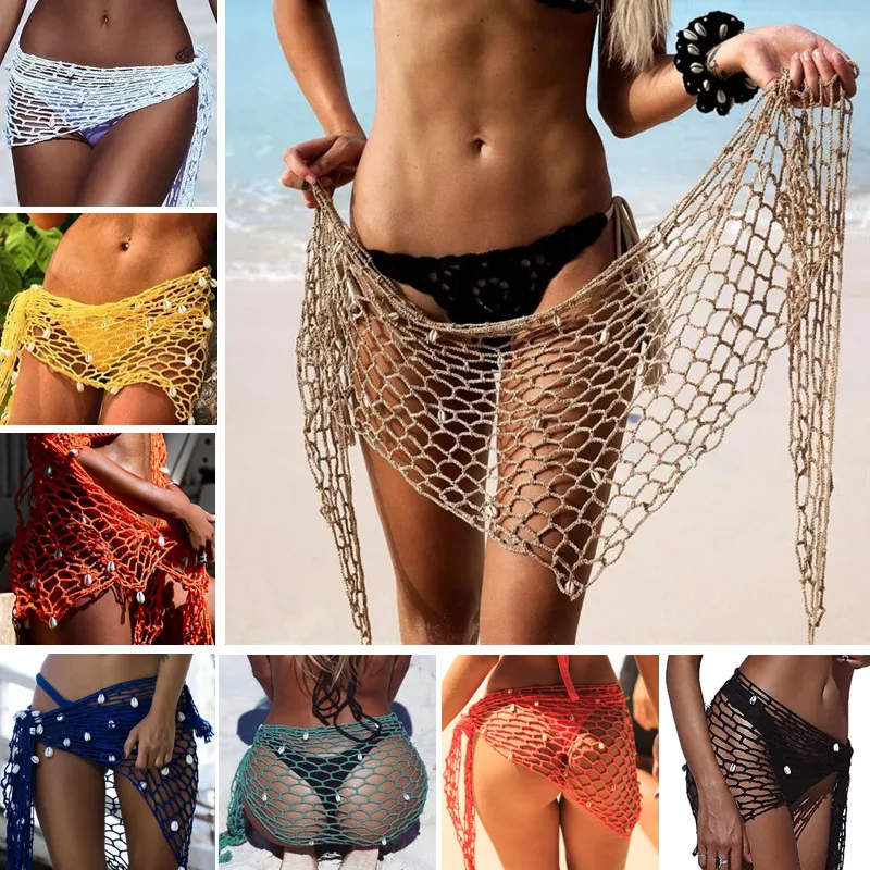 Women Triangle Shawl Sexy Fishnet Shell Sunscreen Beach Towel