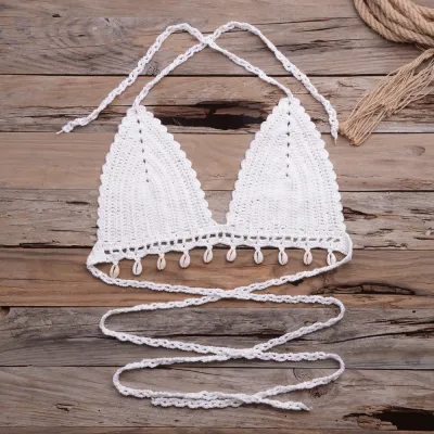Women Solid Knit Hollow Halter Tie Swimsuit Top