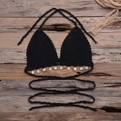 Women Solid Knit Hollow Halter Tie Swimsuit Top