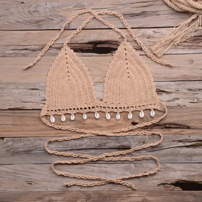 Women Solid Knit Hollow Halter Tie Swimsuit Top