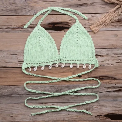 Women Solid Knit Hollow Halter Tie Swimsuit Top