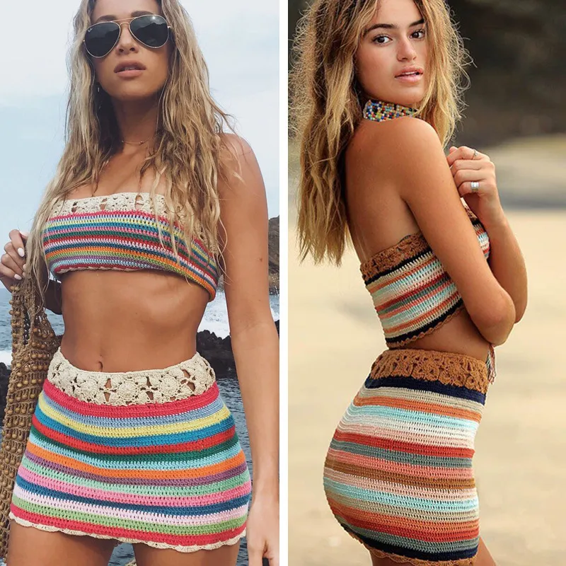 Women Knitted Multicolor Stripe Strap Tube Top And Skirt Bikini Two Piece Swimsuit