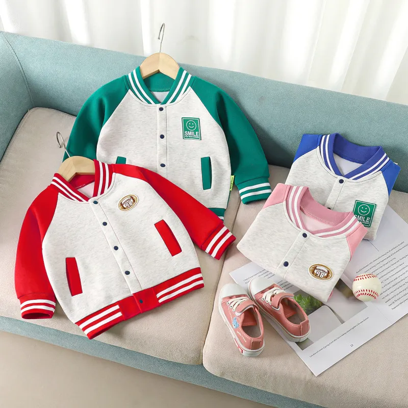 Kids Toddler Boys Girls Plush Long-Sleeved Baseball Jacket Unisex Cotton Crew Neck