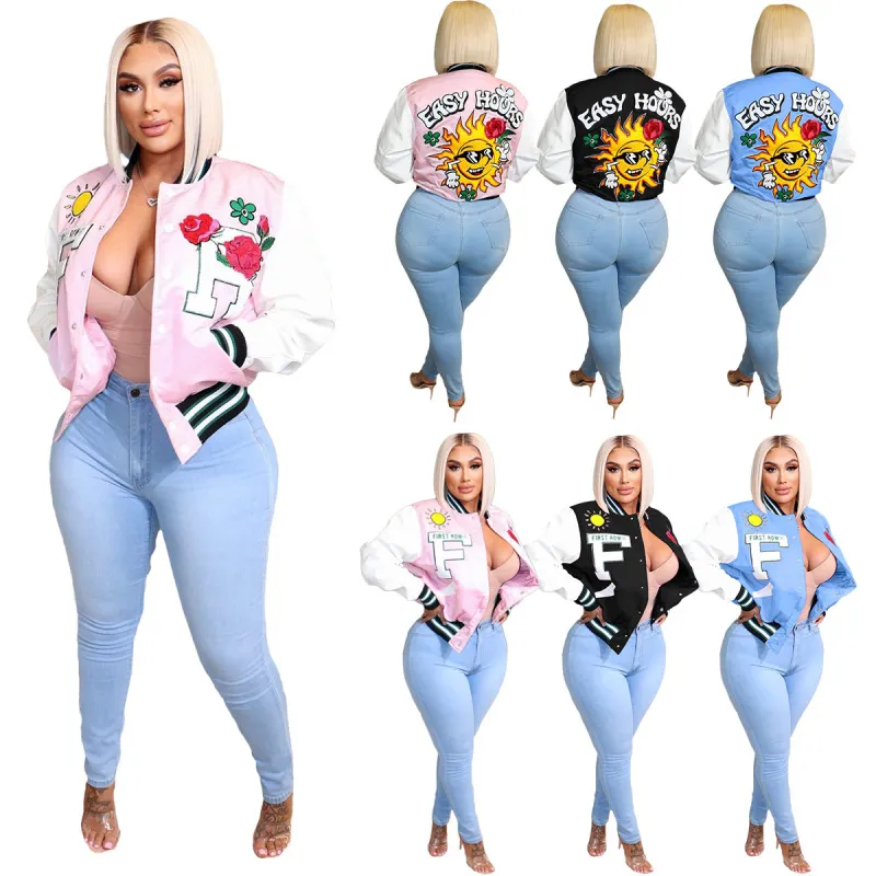 Women Fashion Print Press Button Threaded Jacket