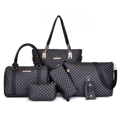 6 In 1 Women Fashion Large-Capacity Plaid Printed Shoulder Bag Wallet Set