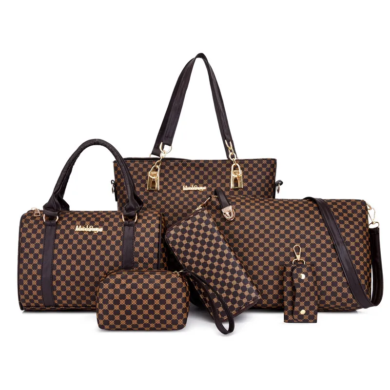 6 In 1 Women Fashion Large-Capacity Plaid Printed Shoulder Bag Wallet Set