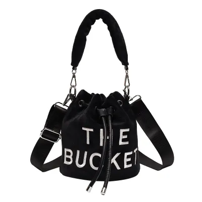 Women's Plush Velvet Bucket Drawstring Handbag with Letter Embroidery