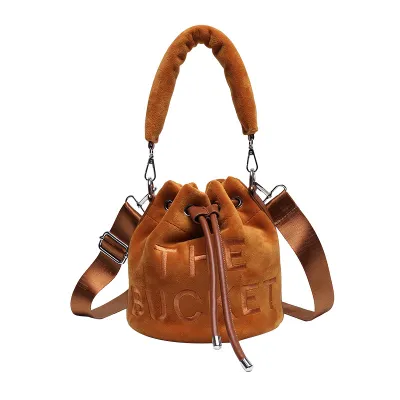 Women's Plush Velvet Bucket Drawstring Handbag with Letter Embroidery