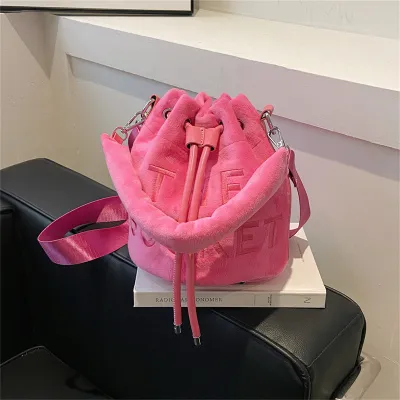 Women's Plush Velvet Bucket Drawstring Handbag with Letter Embroidery