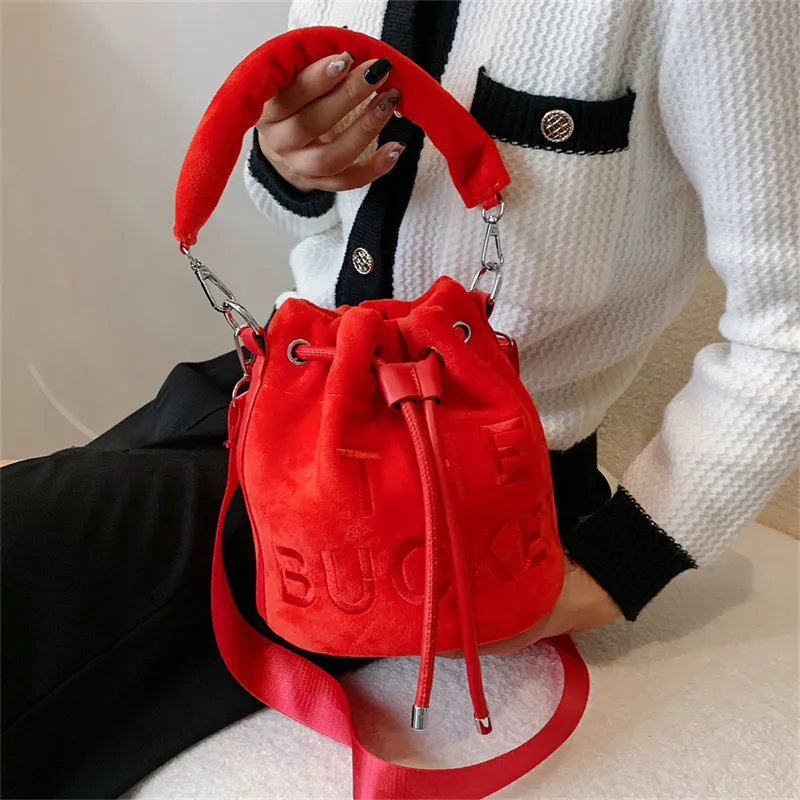 Women's Plush Velvet Bucket Drawstring Handbag with Letter Embroidery
