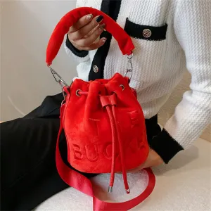 Women's Plush Velvet Bucket Drawstring Handbag with Letter Embroidery