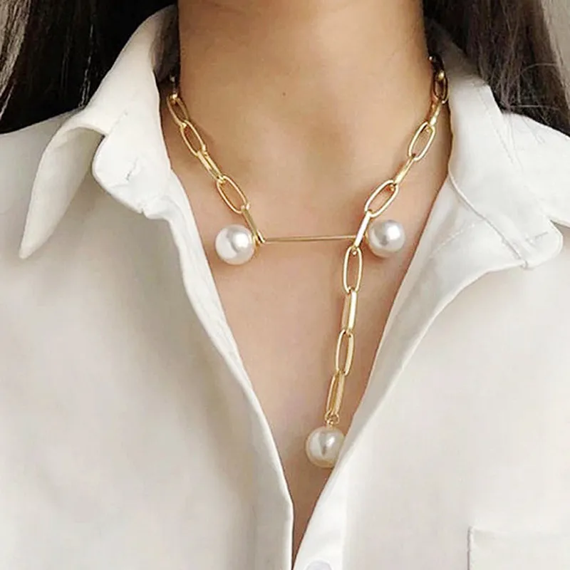 Wholesale Women Simple Hollow Rectangular Chain Adjustable Imitation Pearl Brooch Necklace