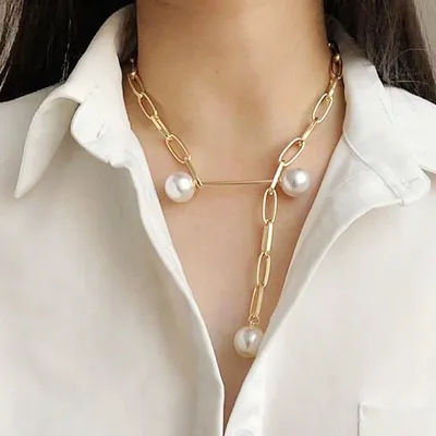 Wholesale Women Simple Hollow Rectangular Chain Adjustable Imitation Pearl Brooch Necklace