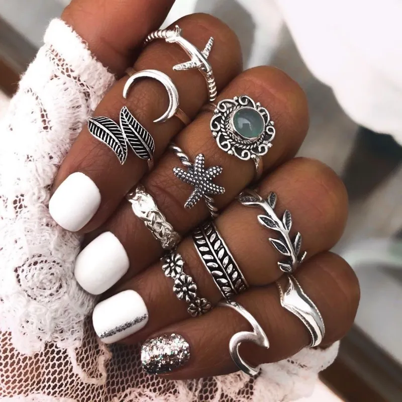 Wholesale 11Pcs/Set Women Retro Leaf Star Midi Ring Set Alloy