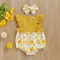 Baby Girls Cute Round Neck Puff Sleeve Flower All Over Print Romper With Hat