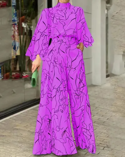 Elegant Women Defined Waist Long-Sleeved Mock Neck Abstract Printed Jumpsuits