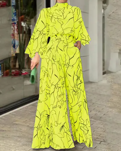 Elegant Women Defined Waist Long-Sleeved Mock Neck Abstract Printed Jumpsuits