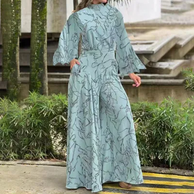 Elegant Women Defined Waist Long-Sleeved Mock Neck Abstract Printed Jumpsuits
