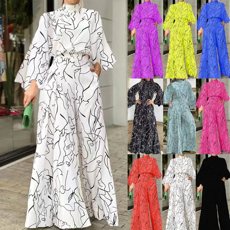 Elegant Women Defined Waist Long-Sleeved Mock Neck Abstract Printed Jumpsuits