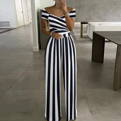 Women Elegant Off-shoulder Floral Print Casual High Waist Wed Leg Jumpsuits