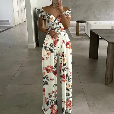 Women Elegant Off-shoulder Floral Print Casual High Waist Wed Leg Jumpsuits