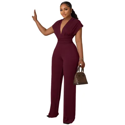 Women Elegant Solid Color Deep V Neck Short Sleeve High Waist Wide Leg Jumpsuits