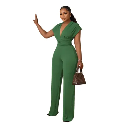 Women Elegant Solid Color Deep V Neck Short Sleeve High Waist Wide Leg Jumpsuits
