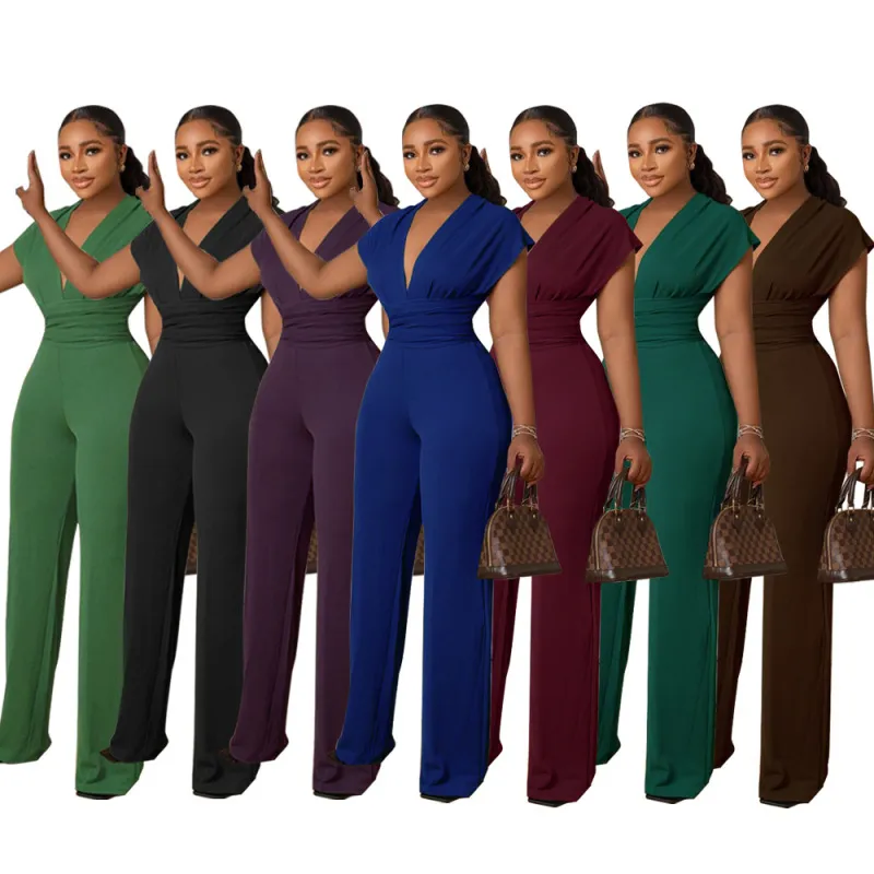 Women Elegant Solid Color Deep V Neck Short Sleeve High Waist Wide Leg Jumpsuits