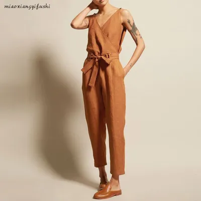 Women Solid Color V-Neck Tank Top Sash Waist Casual Loose Jumpsuits