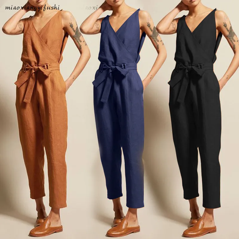 Women Solid Color V-Neck Tank Top Sash Waist Casual Loose Jumpsuits