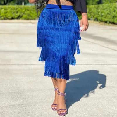 Women Summer Simple Printing Black Short-Sleeved T-Shirt Solid Color Fringed Midi Skirt