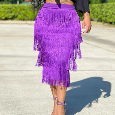 Women Summer Simple Printing Black Short-Sleeved T-Shirt Solid Color Fringed Midi Skirt