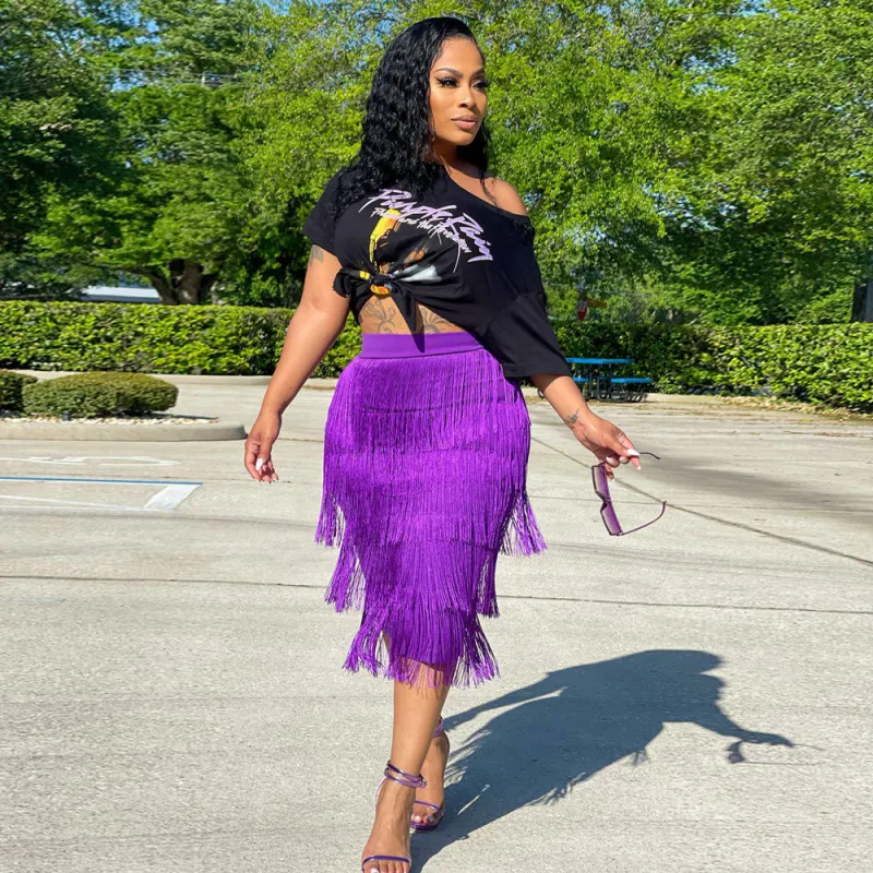 Women Summer Simple Printing Black Short-Sleeved T-Shirt Solid Color Fringed Midi Skirt