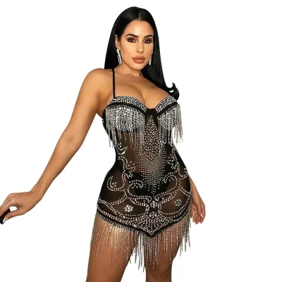 Women Sexy Slim-Fit See-through Mesh Sling Rhinestone Tassel Ultra-mini Dress
