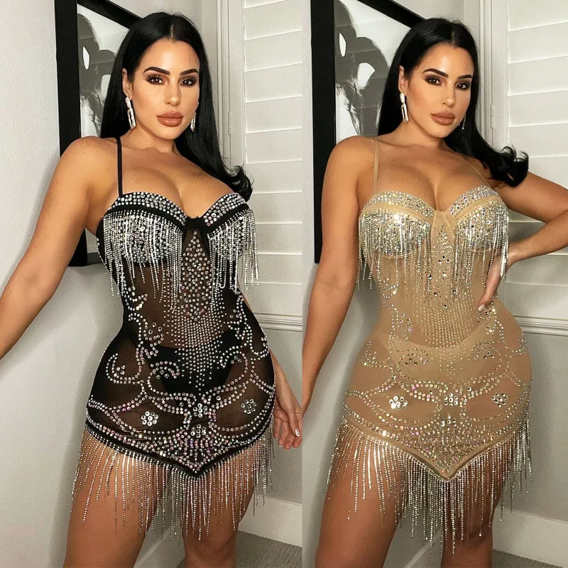 Women Sexy Slim-Fit See-through Mesh Sling Rhinestone Tassel Ultra-mini Dress