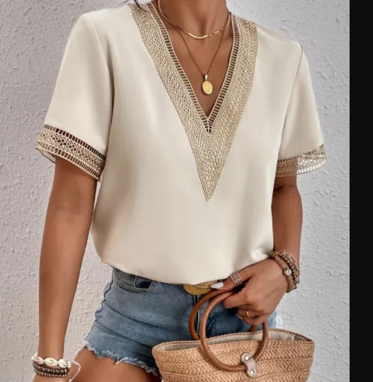 Women Casual V-Neck Lace Patchwork Loose Blouse