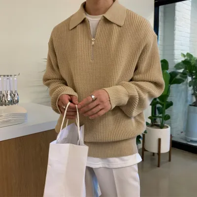 Men Autumn Winter Basic Solid Color Lapel Half Zipper Long-Sleeved Loose Knitted Pullover