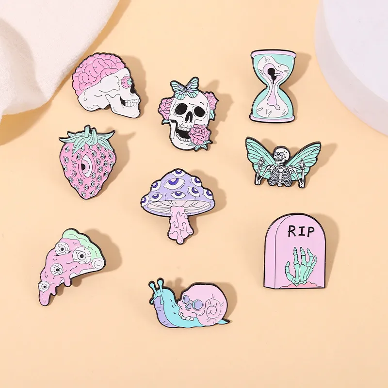 Wholesale Horror Fruit Butterfly Skull Strawberry Mushroom Head Skull Mask Personality Funny Alloy Drip Oil Brooch