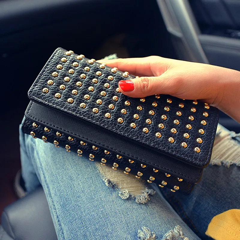 Women's Pop Punk Stud Rivet Long Double Cover Coin Purse PU Leather Wallet