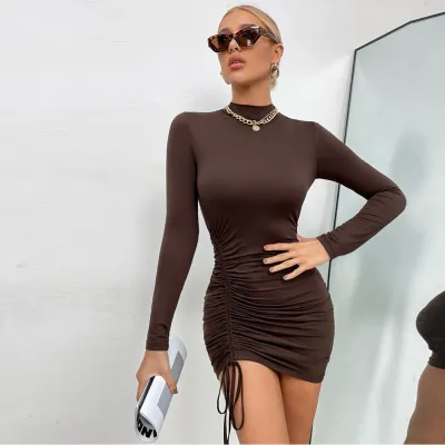 Women Sexy Slim Fit Half Turtleneck Simple Long Sleeve Round Neck Drawstring Mini Dress