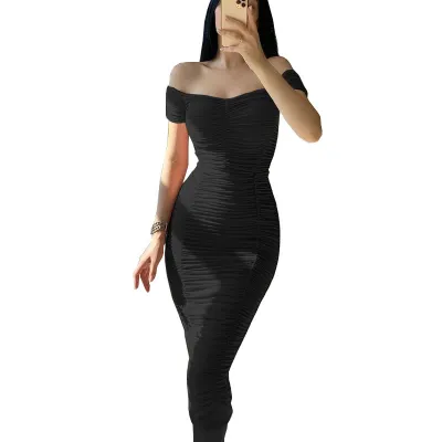 Sexy Solid Color Elegant Summer Women Off-Shoulder Short Sleeve Tight Midi Dress