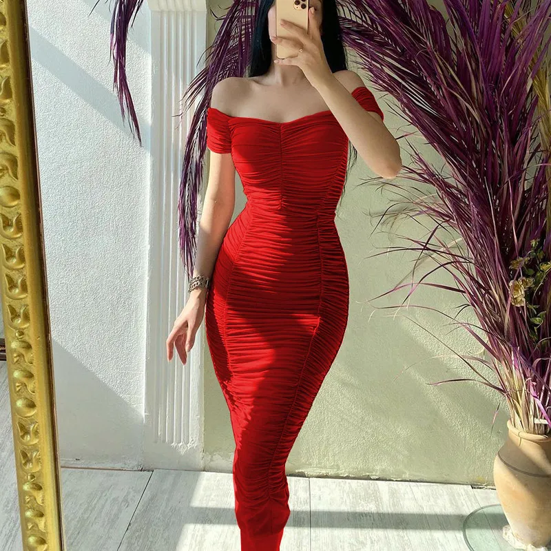 Sexy Solid Color Elegant Summer Women Off-Shoulder Short Sleeve Tight Midi Dress