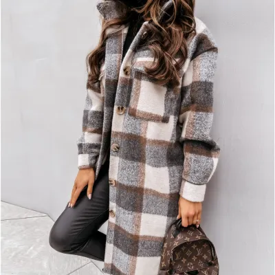Women Winter Long Sleeve Buttoned Lapel Casual Warm Plaid Over Coat Shacket