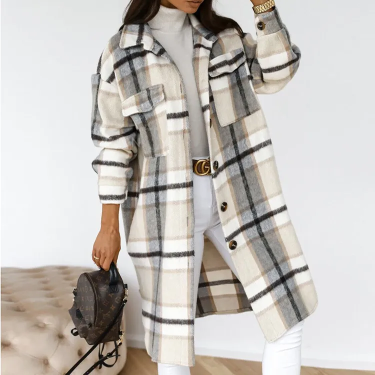 Women Winter Long Sleeve Buttoned Lapel Casual Warm Plaid Over Coat Shacket