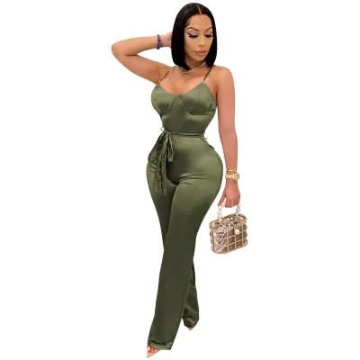 Women Solid Color Sling Waist Tie Slim Wide Leg Jumpsuit