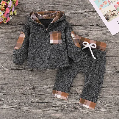 Toddlers Newborn Baby Boys Girls Casual Plaid Stitching Long-Sleeved Hoodies And Pant 2pcs Set